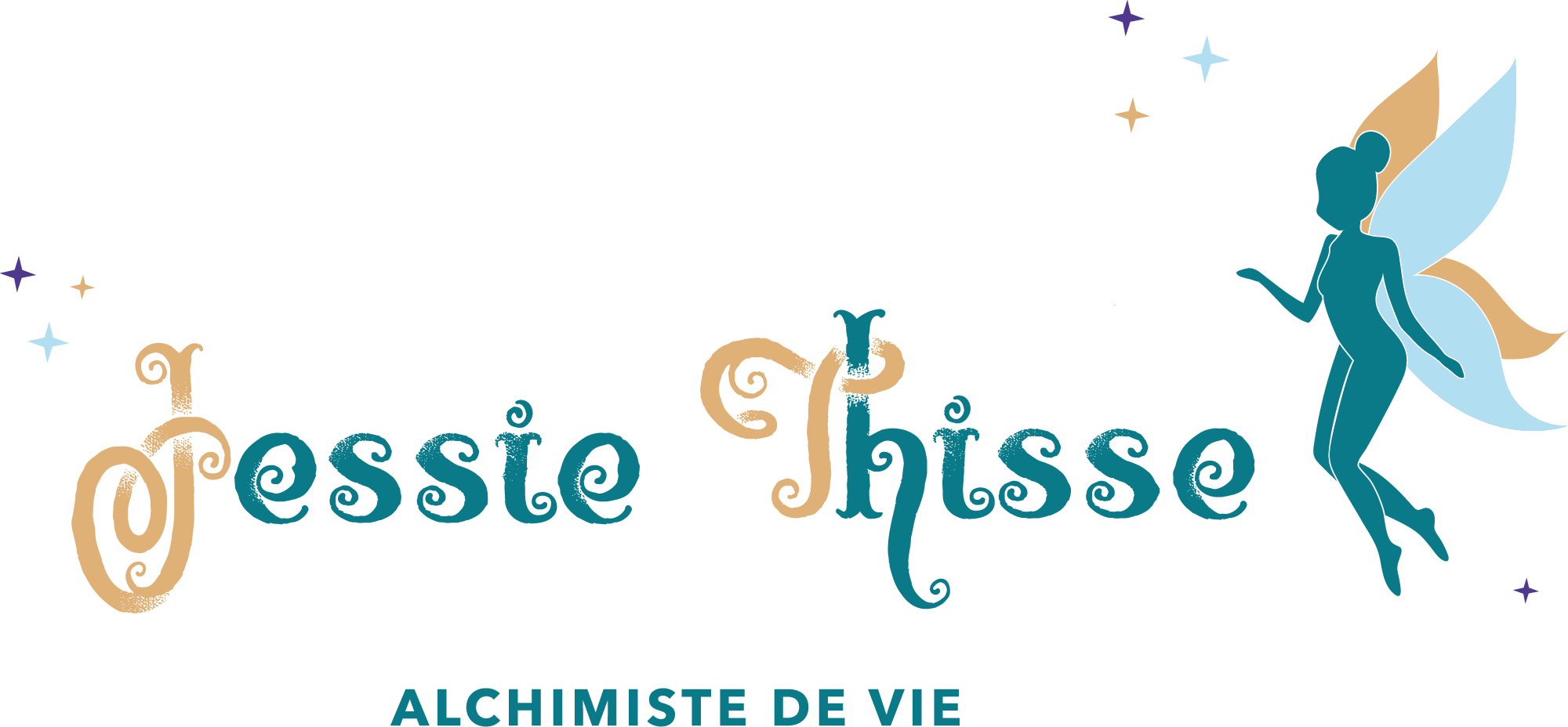 logo manuscrit "jessie tisse" avec petite fée sur le coté en couleur.