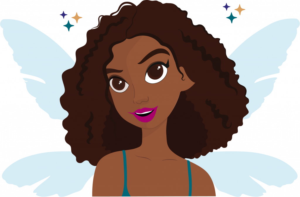 avatar Jessie Thisse , jeune femme avec des aile bleu et un rouge à lèvre fuchsia. entouré d'étoile.